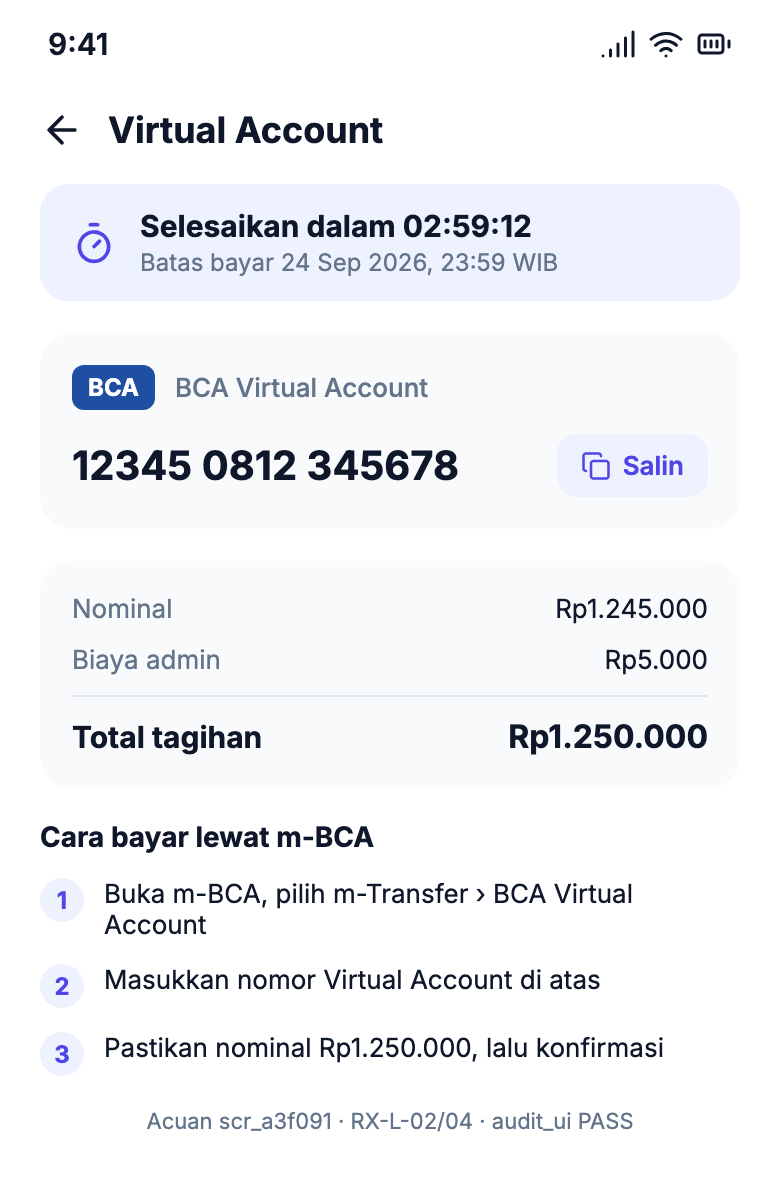 BCA Virtual Account: countdown, VA number with copy button, transparent admin fee, Rupiah, numbered steps